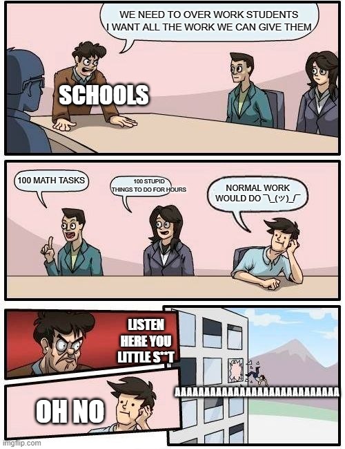 Boardroom Meeting Suggestion | WE NEED TO OVER WORK STUDENTS I WANT ALL THE WORK WE CAN GIVE THEM; SCHOOLS; 100 STUPID THINGS TO DO FOR HOURS; 100 MATH TASKS; NORMAL WORK WOULD DO ¯\_(ツ)_/¯; LISTEN HERE YOU LITTLE S**T; AAAAAAAAAAAAAAAAAAAAAAAAAAAA; OH NO | image tagged in memes,boardroom meeting suggestion | made w/ Imgflip meme maker