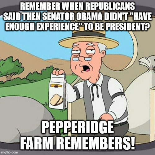 Pepperidge Farm Remembers Meme | REMEMBER WHEN REPUBLICANS SAID THEN SENATOR OBAMA DIDN'T "HAVE ENOUGH EXPERIENCE" TO BE PRESIDENT? PEPPERIDGE FARM REMEMBERS! | image tagged in memes,pepperidge farm remembers | made w/ Imgflip meme maker