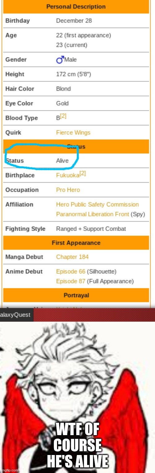 I was just browsing Fandom.com and came across this | WTF OF COURSE HE'S ALIVE | image tagged in uncomfortable,my hero academia,hawks,why is this here | made w/ Imgflip meme maker