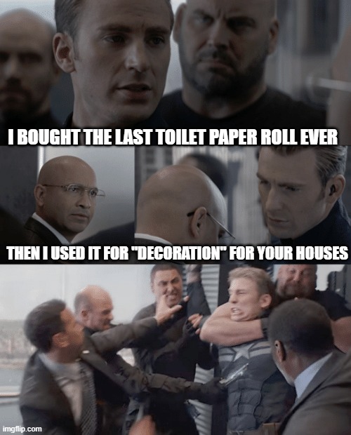 Captain america elevator | I BOUGHT THE LAST TOILET PAPER ROLL EVER; THEN I USED IT FOR "DECORATION" FOR YOUR HOUSES | image tagged in captain america elevator | made w/ Imgflip meme maker