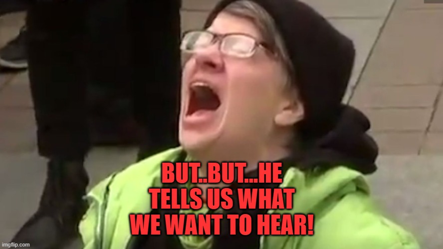 Screaming Liberal  | BUT..BUT...HE TELLS US WHAT WE WANT TO HEAR! | image tagged in screaming liberal | made w/ Imgflip meme maker