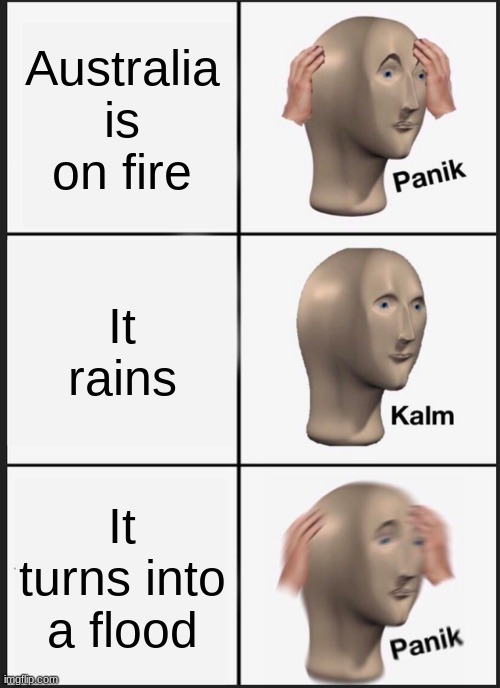 Panik Kalm Panik Meme | Australia is on fire; It rains; It turns into a flood | image tagged in memes,panik kalm panik | made w/ Imgflip meme maker