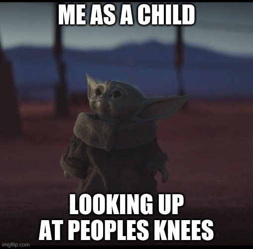 baby yoda | ME AS A CHILD; LOOKING UP AT PEOPLES KNEES | image tagged in shorty | made w/ Imgflip meme maker