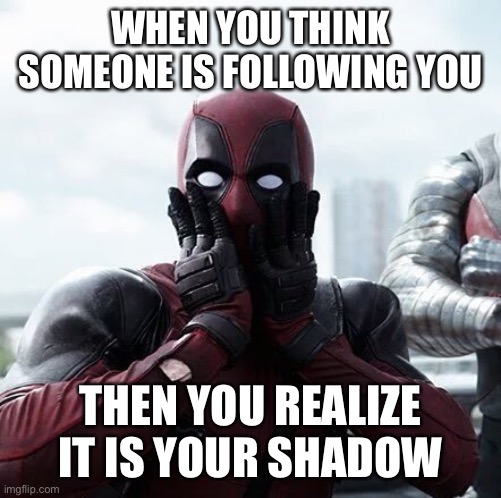 Deadpool Surprised Meme | WHEN YOU THINK SOMEONE IS FOLLOWING YOU; THEN YOU REALIZE IT IS YOUR SHADOW | image tagged in memes,deadpool surprised | made w/ Imgflip meme maker