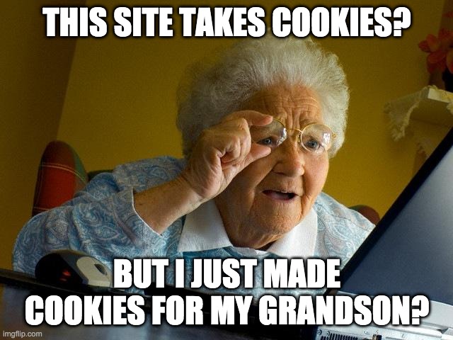 Grandma Finds The Internet | THIS SITE TAKES COOKIES? BUT I JUST MADE COOKIES FOR MY GRANDSON? | image tagged in memes,grandma finds the internet | made w/ Imgflip meme maker