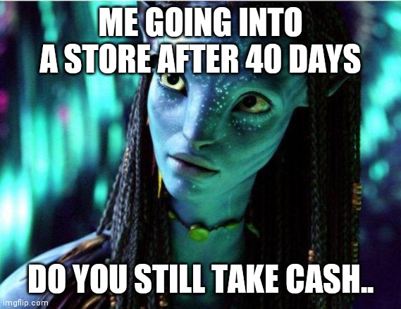 avatar | ME GOING INTO A STORE AFTER 40 DAYS; DO YOU STILL TAKE CASH.. | image tagged in avatar | made w/ Imgflip meme maker