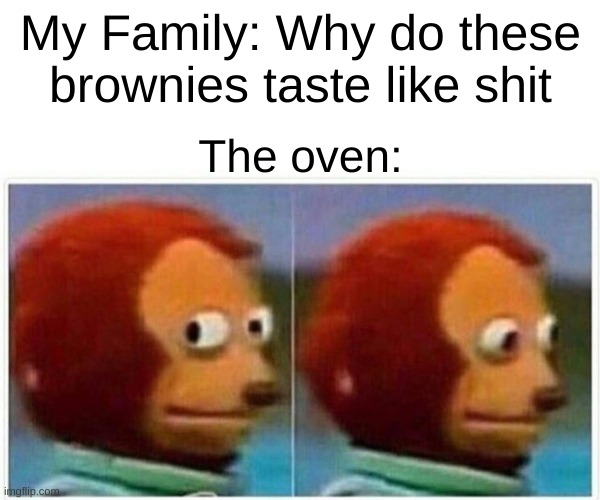 the oven | My Family: Why do these brownies taste like shit; The oven: | image tagged in memes,monkey puppet | made w/ Imgflip meme maker