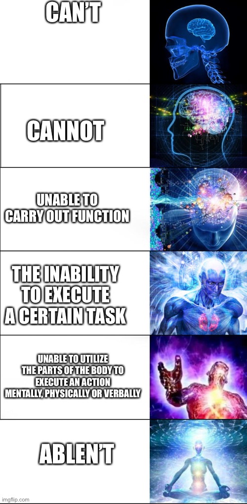 Expanding brain | CAN’T; CANNOT; UNABLE TO CARRY OUT FUNCTION; THE INABILITY TO EXECUTE A CERTAIN TASK; UNABLE TO UTILIZE THE PARTS OF THE BODY TO EXECUTE AN ACTION MENTALLY, PHYSICALLY OR VERBALLY; ABLEN’T | image tagged in expanding brain | made w/ Imgflip meme maker