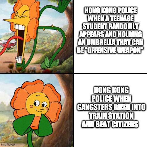 Violence and Injustice of Hong Kong Police | HONG KONG POLICE WHEN A TEENAGE STUDENT RANDOMLY APPEARS AND HOLDING AN UMBRELLA THAT CAN BE "OFFENSIVE WEAPON"; HONG KONG POLICE WHEN GANGSTERS RUSH INTO TRAIN STATION AND BEAT CITIZENS | image tagged in hong kong police,hong kong,721,831,free hong kong revolution now | made w/ Imgflip meme maker