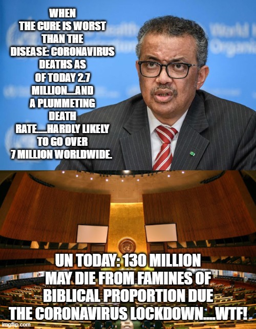 politics | WHEN THE CURE IS WORST THAN THE DISEASE: CORONAVIRUS DEATHS AS OF TODAY 2.7 MILLION....AND A PLUMMETING DEATH RATE.....HARDLY LIKELY TO GO OVER 7 MILLION WORLDWIDE. UN TODAY: 130 MILLION MAY DIE FROM FAMINES OF BIBLICAL PROPORTION DUE THE CORONAVIRUS LOCKDOWN....WTF! | image tagged in political meme | made w/ Imgflip meme maker
