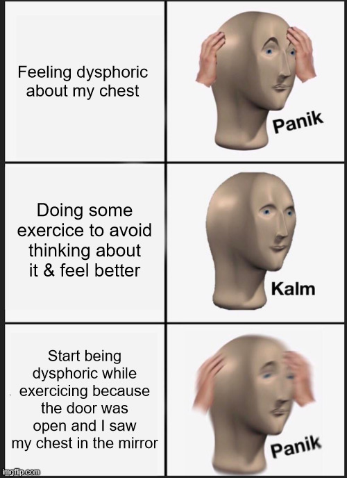 Panik Kalm Panik | Feeling dysphoric about my chest; Doing some exercice to avoid thinking about it & feel better; Start being dysphoric while exercicing because the door was open and I saw my chest in the mirror | image tagged in memes,panik kalm panik | made w/ Imgflip meme maker