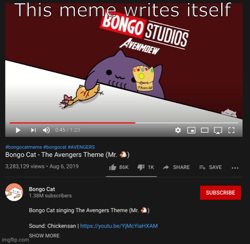 https://www.youtube.com/watch?v=IfgjhDnF9rQ | This meme writes itself | image tagged in avenmeow,bongo cat | made w/ Imgflip meme maker