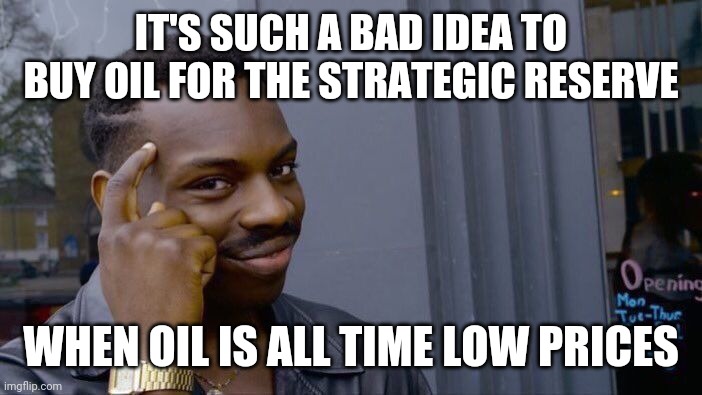 Roll Safe Think About It Meme | IT'S SUCH A BAD IDEA TO BUY OIL FOR THE STRATEGIC RESERVE WHEN OIL IS ALL TIME LOW PRICES | image tagged in memes,roll safe think about it | made w/ Imgflip meme maker