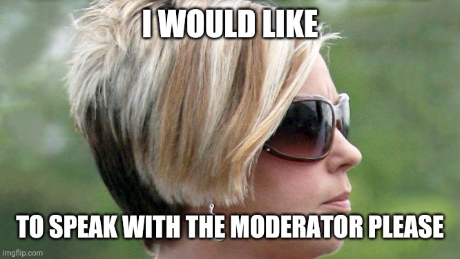 Karen | I WOULD LIKE TO SPEAK WITH THE MODERATOR PLEASE | image tagged in karen | made w/ Imgflip meme maker