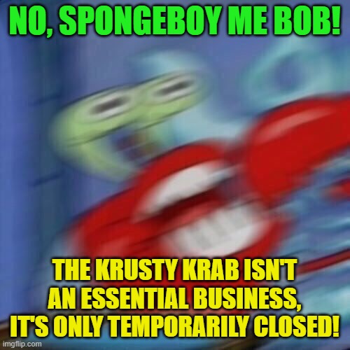 Mr krabs blur | NO, SPONGEBOY ME BOB! THE KRUSTY KRAB ISN'T AN ESSENTIAL BUSINESS, IT'S ONLY TEMPORARILY CLOSED! | image tagged in mr krabs blur | made w/ Imgflip meme maker