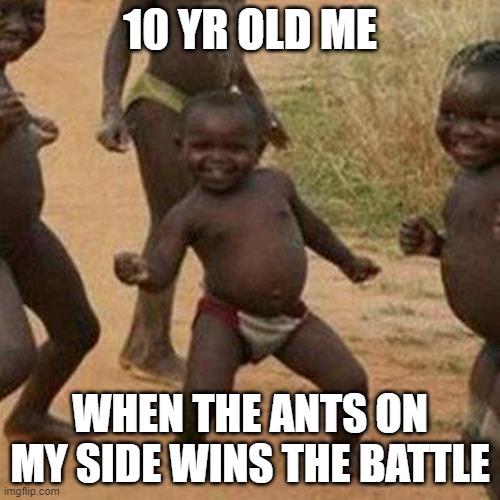 Third World Success Kid Meme | 10 YR OLD ME; WHEN THE ANTS ON MY SIDE WINS THE BATTLE | image tagged in memes,third world success kid | made w/ Imgflip meme maker