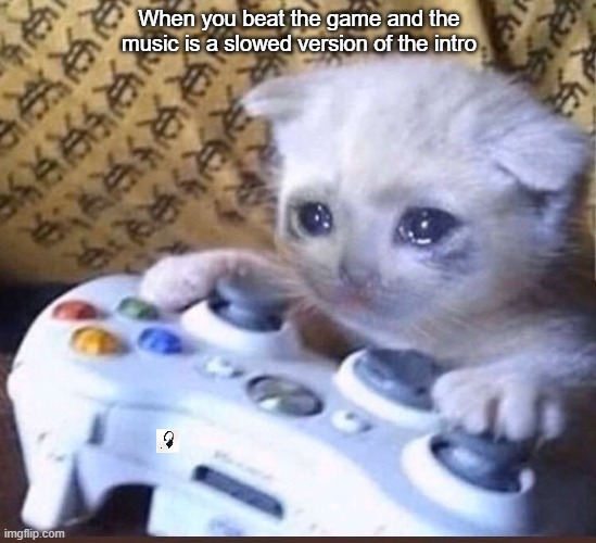 aGamng cat | When you beat the game and the music is a slowed version of the intro | image tagged in crying cat | made w/ Imgflip meme maker