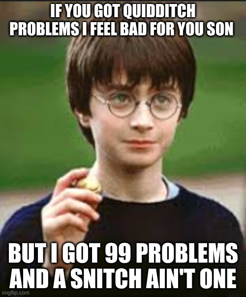 Harry Potter rap thing | IF YOU GOT QUIDDITCH PROBLEMS I FEEL BAD FOR YOU SON; BUT I GOT 99 PROBLEMS AND A SNITCH AIN'T ONE | image tagged in funny memes | made w/ Imgflip meme maker