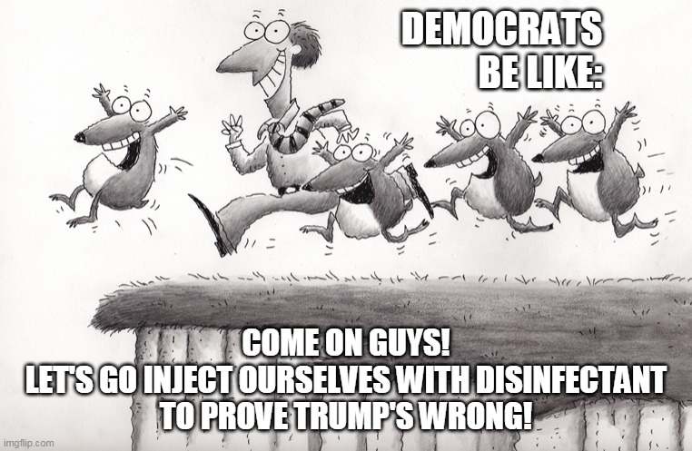 Lemmings | DEMOCRATS
BE LIKE:; COME ON GUYS!
LET'S GO INJECT OURSELVES WITH DISINFECTANT
TO PROVE TRUMP'S WRONG! | image tagged in lemmings | made w/ Imgflip meme maker