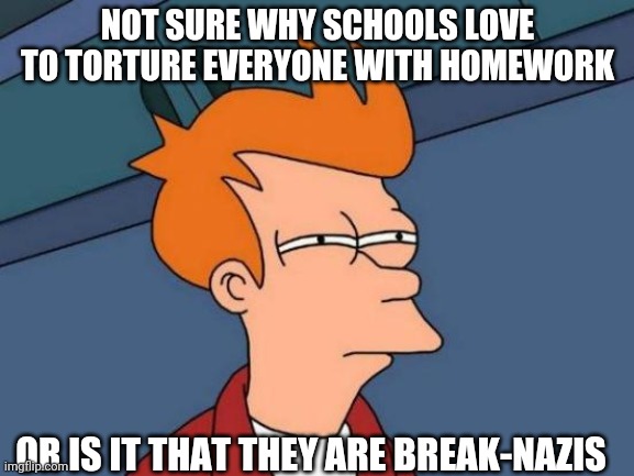 I Invented The Term "Break-Nazis" Because Schools Love Handing Out Homework | NOT SURE WHY SCHOOLS LOVE TO TORTURE EVERYONE WITH HOMEWORK; OR IS IT THAT THEY ARE BREAK-NAZIS | image tagged in memes,futurama fry | made w/ Imgflip meme maker