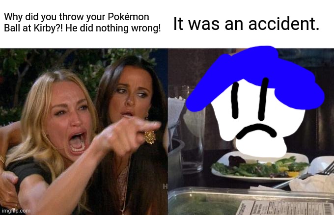 Woman Yelling At Cat Meme | Why did you throw your Pokémon Ball at Kirby?! He did nothing wrong! It was an accident. | image tagged in memes,woman yelling at cat | made w/ Imgflip meme maker