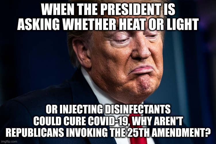 Seriously, this is not a political opinion I disagree with, this is off the deep end | WHEN THE PRESIDENT IS ASKING WHETHER HEAT OR LIGHT; OR INJECTING DISINFECTANTS COULD CURE COVID-19, WHY AREN'T REPUBLICANS INVOKING THE 25TH AMENDMENT? | image tagged in trump,covid-19,25th amendment | made w/ Imgflip meme maker