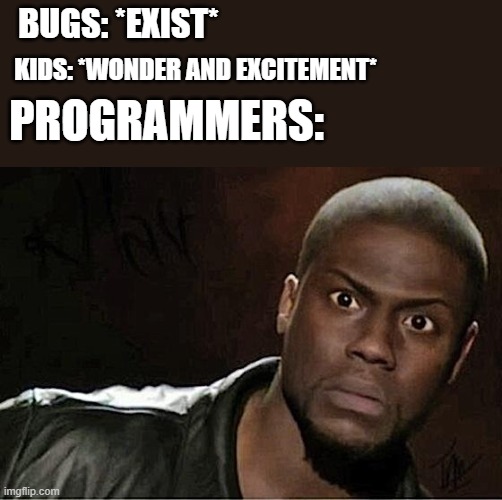 Bugs to different people | BUGS: *EXIST*; KIDS: *WONDER AND EXCITEMENT*; PROGRAMMERS: | image tagged in memes,kevin hart,programming,bugs,kids,funny | made w/ Imgflip meme maker