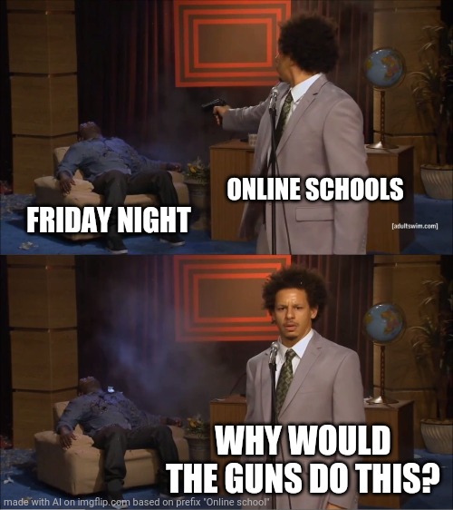 Who Killed Hannibal Meme | ONLINE SCHOOLS; FRIDAY NIGHT; WHY WOULD THE GUNS DO THIS? | image tagged in memes,who killed hannibal | made w/ Imgflip meme maker