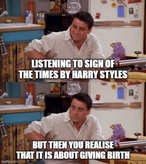 Joey meme | LISTENING TO SIGN OF THE TIMES BY HARRY STYLES; BUT THEN YOU REALISE THAT IT IS ABOUT GIVING BIRTH | image tagged in joey meme | made w/ Imgflip meme maker