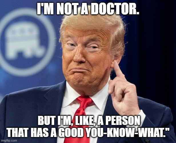Trump the doctor | I'M NOT A DOCTOR. BUT I'M, LIKE, A PERSON THAT HAS A GOOD YOU-KNOW-WHAT." | image tagged in trump,doctor,you know what | made w/ Imgflip meme maker