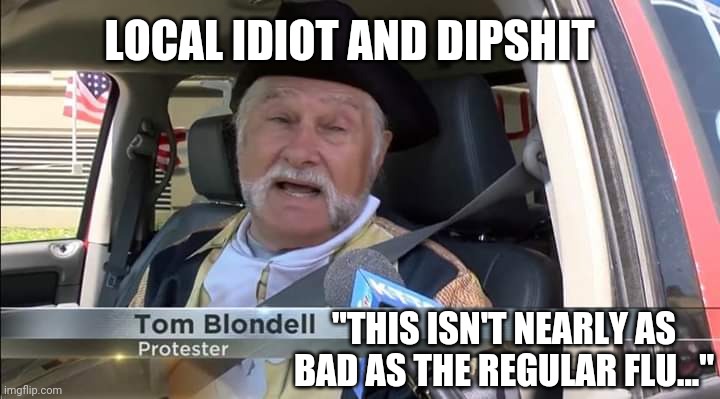 Local DIPSHIT | LOCAL IDIOT AND DIPSHIT; "THIS ISN'T NEARLY AS BAD AS THE REGULAR FLU..." | image tagged in idiot,protesters,donald trump,coronavirus | made w/ Imgflip meme maker