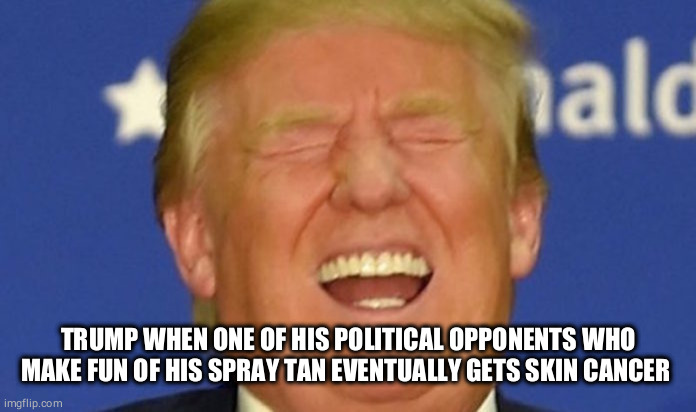 Trump laughing | TRUMP WHEN ONE OF HIS POLITICAL OPPONENTS WHO MAKE FUN OF HIS SPRAY TAN EVENTUALLY GETS SKIN CANCER | image tagged in trump laughing | made w/ Imgflip meme maker