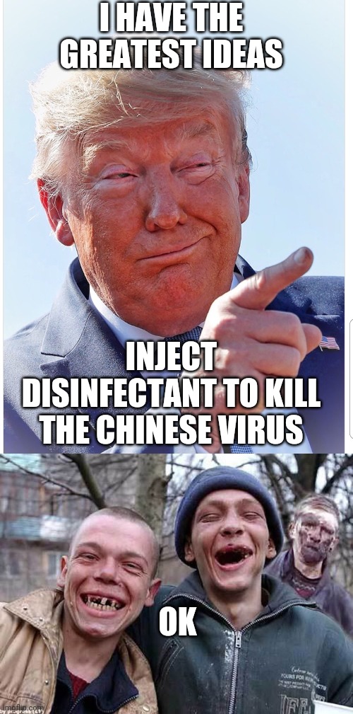 I HAVE THE GREATEST IDEAS; INJECT DISINFECTANT TO KILL THE CHINESE VIRUS; OK | image tagged in toothless redneck,trump pointing | made w/ Imgflip meme maker