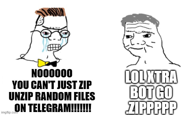 noooo you can't just | NOOOOOO 
YOU CAN'T JUST ZIP 
UNZIP RANDOM FILES 
ON TELEGRAM!!!!!!! LOL XTRA BOT GO .ZIPPPPP | image tagged in noooo you can't just | made w/ Imgflip meme maker