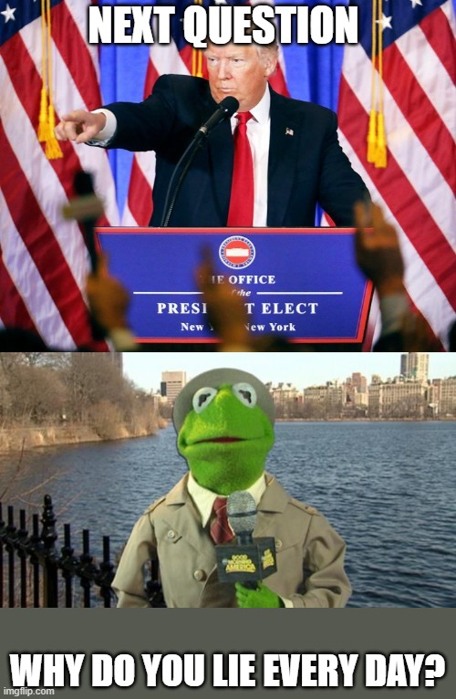 NEXT QUESTION WHY DO YOU LIE EVERY DAY? | image tagged in kermit news report,trump press conference | made w/ Imgflip meme maker