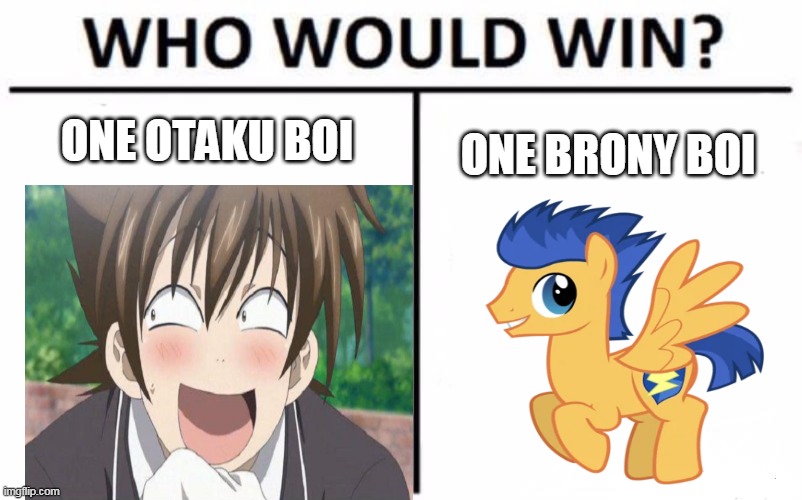 top 10 anime pony battles | ONE OTAKU BOI; ONE BRONY BOI | image tagged in memes,who would win,mlp,anime | made w/ Imgflip meme maker