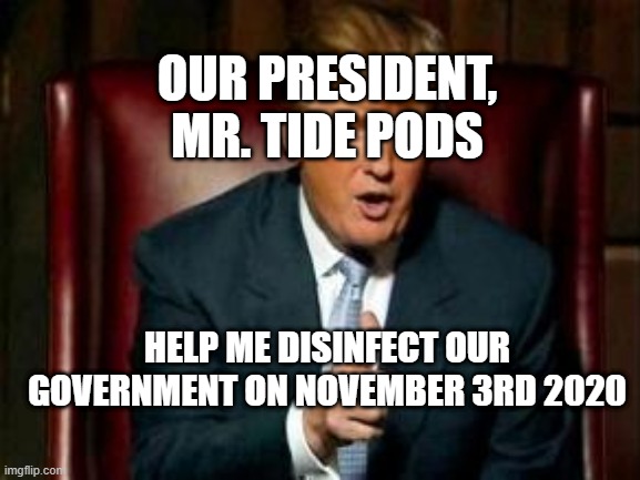 Donald Trump | OUR PRESIDENT,
MR. TIDE PODS; HELP ME DISINFECT OUR GOVERNMENT ON NOVEMBER 3RD 2020 | image tagged in donald trump | made w/ Imgflip meme maker