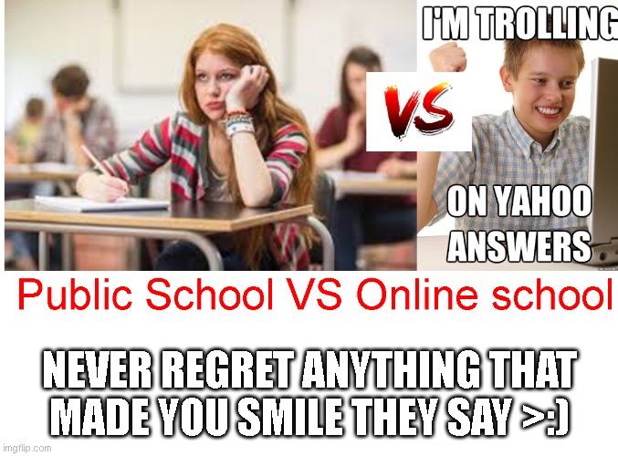 Public vs Online | NEVER REGRET ANYTHING THAT MADE YOU SMILE THEY SAY >:) | image tagged in funny,memes,public,school | made w/ Imgflip meme maker
