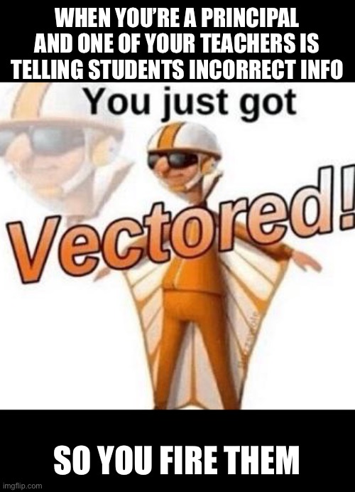 You just got vectored | WHEN YOU’RE A PRINCIPAL AND ONE OF YOUR TEACHERS IS TELLING STUDENTS INCORRECT INFO SO YOU FIRE THEM | image tagged in you just got vectored | made w/ Imgflip meme maker