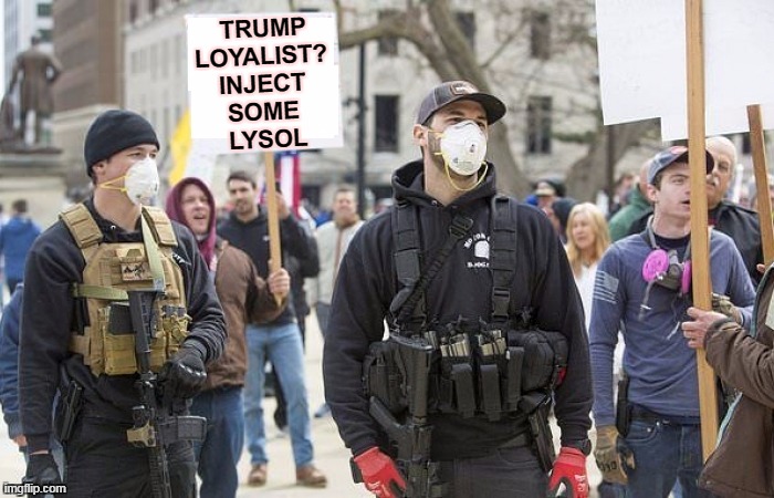 TRUMP LOYALIST? 
INJECT 
SOME 
LYSOL | image tagged in trump,coronavirus,covid-19,cure | made w/ Imgflip meme maker