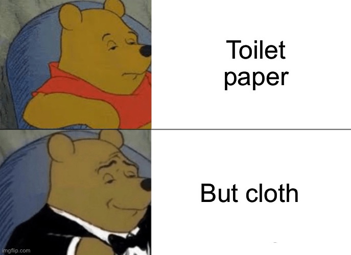 Tuxedo Winnie The Pooh | Toilet paper; But cloth | image tagged in memes,tuxedo winnie the pooh | made w/ Imgflip meme maker