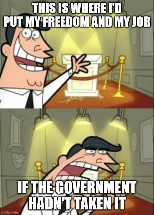 This Is Where I'd Put My Trophy If I Had One | THIS IS WHERE I'D PUT MY FREEDOM AND MY JOB; IF THE GOVERNMENT HADN'T TAKEN IT | image tagged in memes,this is where i'd put my trophy if i had one,freedom,job,government | made w/ Imgflip meme maker