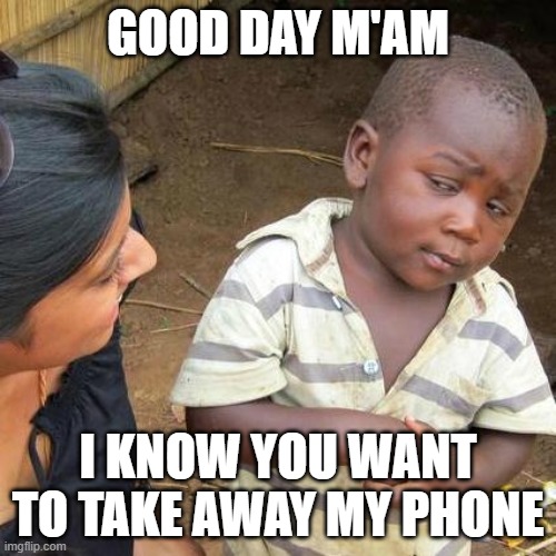 the reality of things |  GOOD DAY M'AM; I KNOW YOU WANT TO TAKE AWAY MY PHONE | image tagged in memes,third world skeptical kid | made w/ Imgflip meme maker