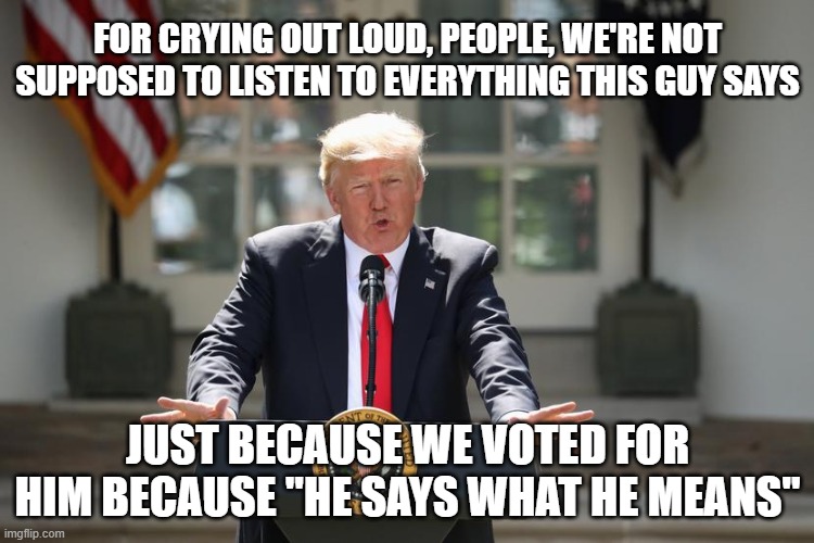 FOR CRYING OUT LOUD, PEOPLE, WE'RE NOT SUPPOSED TO LISTEN TO EVERYTHING THIS GUY SAYS; JUST BECAUSE WE VOTED FOR HIM BECAUSE "HE SAYS WHAT HE MEANS" | image tagged in trump | made w/ Imgflip meme maker