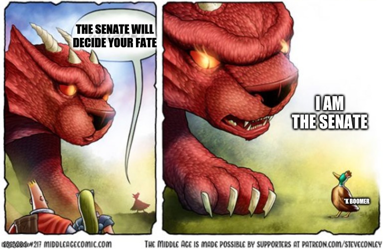 He was wearing a cape that he threw out in between panels. | THE SENATE WILL DECIDE YOUR FATE; I AM THE SENATE; 'K BOOMER | image tagged in star wars,the middle age,ducks,fantasy,original meme | made w/ Imgflip meme maker