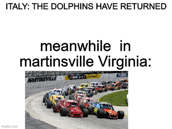 NASCAR modifieds | ITALY: THE DOLPHINS HAVE RETURNED; meanwhile  in martinsville Virginia: | image tagged in blank white template | made w/ Imgflip meme maker
