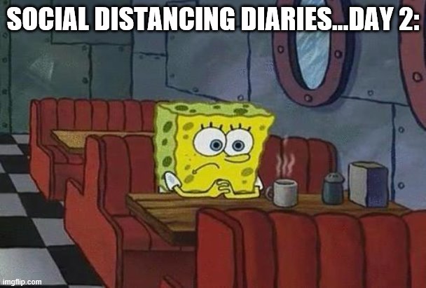 Social Distancing Diaries | SOCIAL DISTANCING DIARIES...DAY 2: | image tagged in spongebob coffee,cool | made w/ Imgflip meme maker