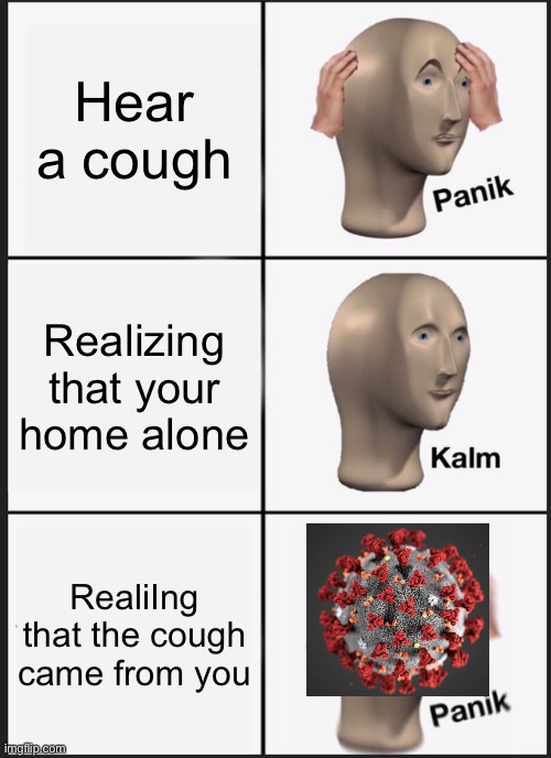 Panik Kalm Panik Meme | Hear a cough; Realizing that your home alone; RealiIng that the cough came from you | image tagged in memes,panik kalm panik | made w/ Imgflip meme maker