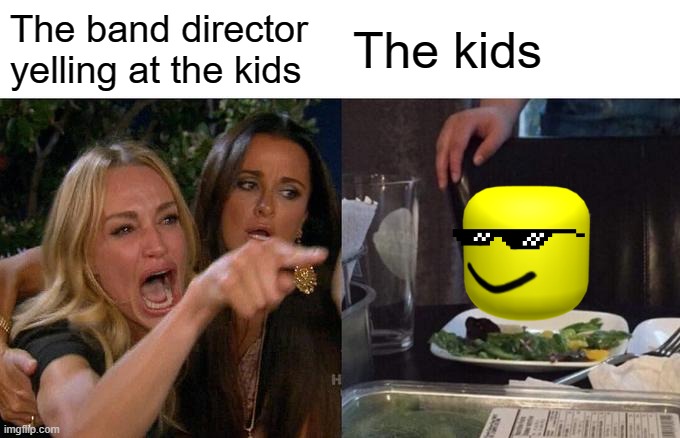 Woman Yelling At Cat | The band director yelling at the kids; The kids | image tagged in memes,woman yelling at cat | made w/ Imgflip meme maker