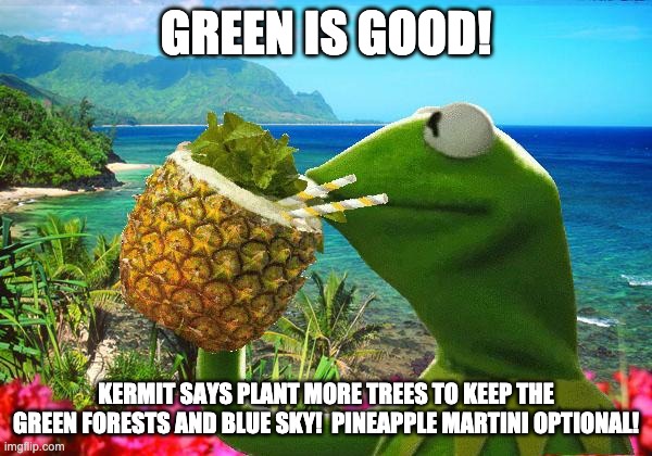 Kermit Goes Green | GREEN IS GOOD! KERMIT SAYS PLANT MORE TREES TO KEEP THE GREEN FORESTS AND BLUE SKY!  PINEAPPLE MARTINI OPTIONAL! | image tagged in vacation kermit,trees,blue sky,martini,pineapple | made w/ Imgflip meme maker